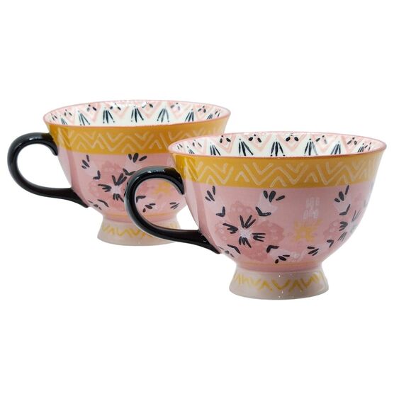 Bloom Pottery Set of 2 Pedestal Ceramic Tea Cups Coffee Mug Hand-Painted Floral - Picture 1 of 16